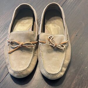 Cole Haan Taupe Suede Driving Loafers with Tan Leather Bow
